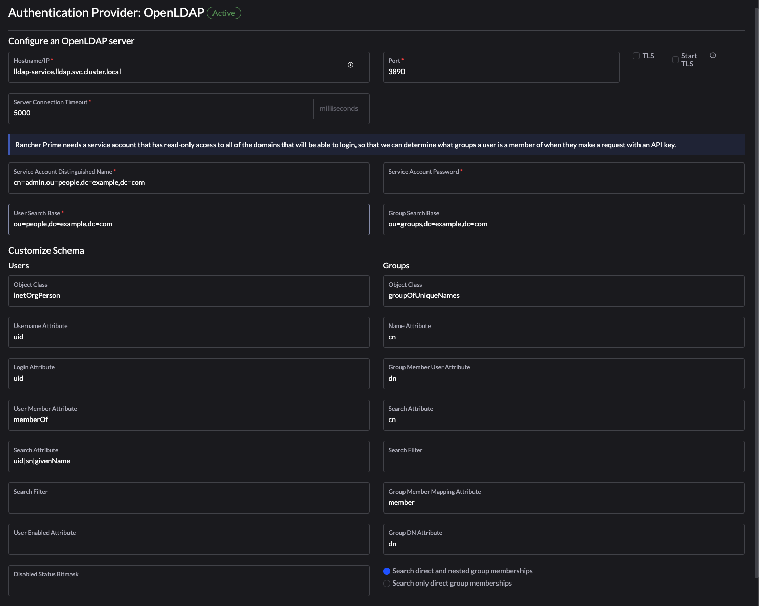 Rancher OpenLDAP config page